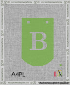 A taped needlepoint canvas with the design: Banner 13 mesh count Curved B White on Light Green.