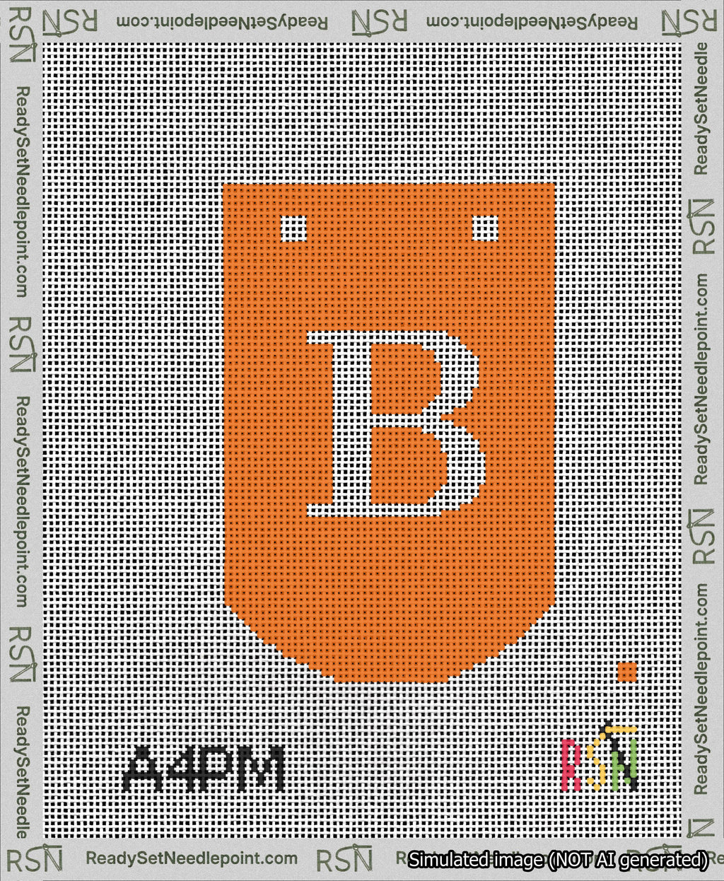 A taped needlepoint canvas with the design: Banner 13 mesh count Curved B White on Orange.
