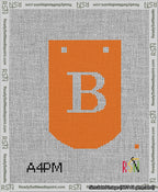 A taped needlepoint canvas with the design: Banner 13 mesh count Curved B White on Orange.