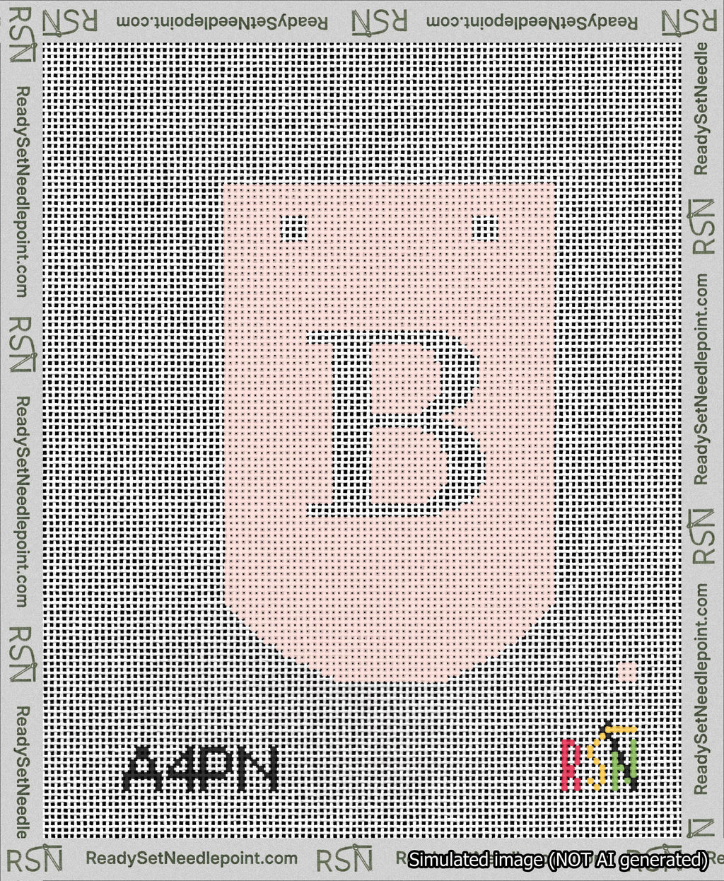 A taped needlepoint canvas with the design: Banner 13 mesh count Curved B White on Pink.