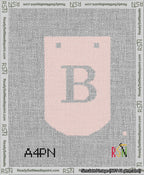 A taped needlepoint canvas with the design: Banner 13 mesh count Curved B White on Pink.