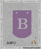 A taped needlepoint canvas with the design: Banner 13 mesh count Curved B White on Purple.