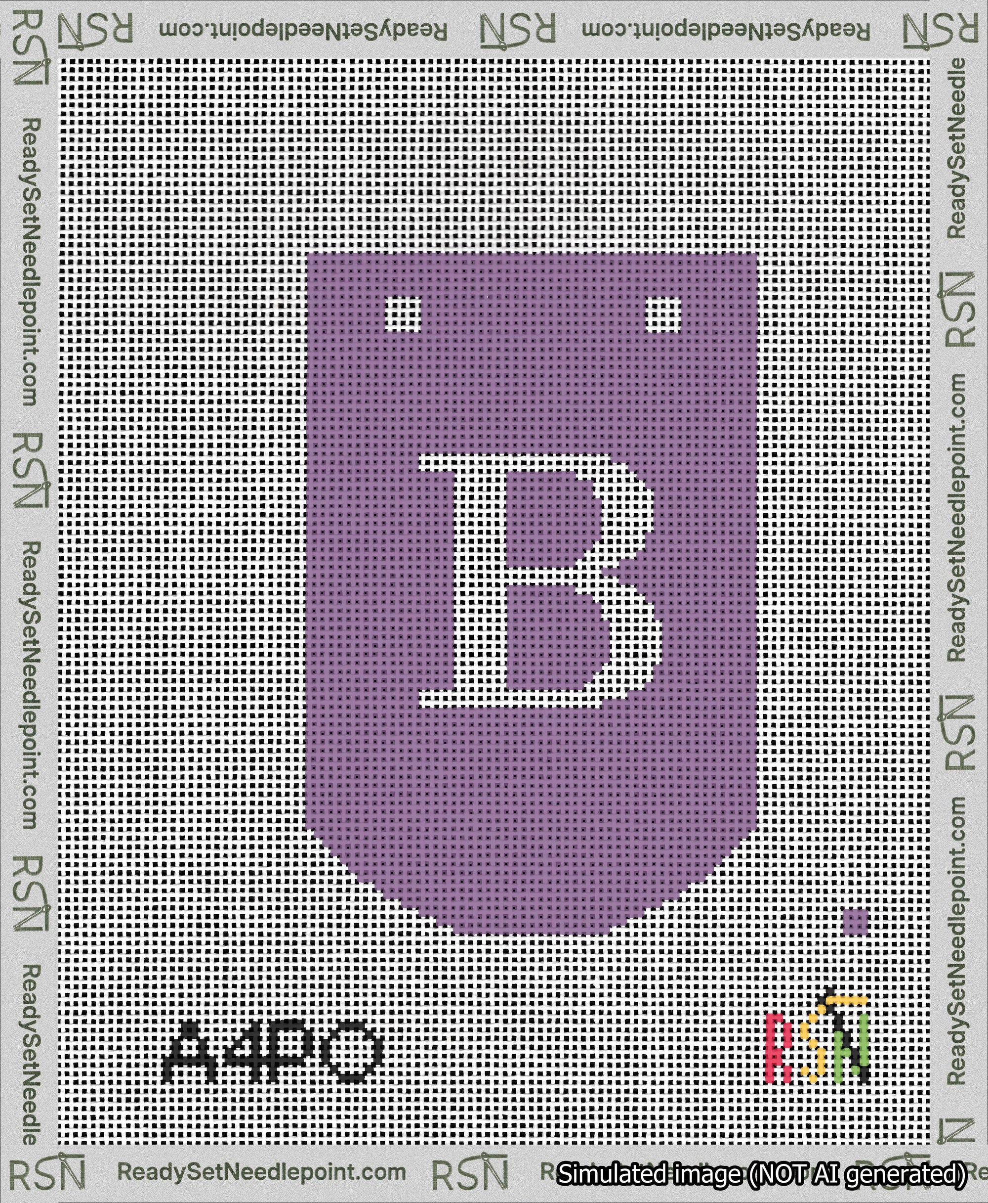 A taped needlepoint canvas with the design: Banner 13 mesh count Curved B White on Purple.