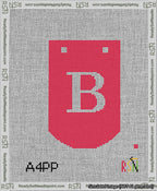 A taped needlepoint canvas with the design: Banner 13 mesh count Curved B White on Red.
