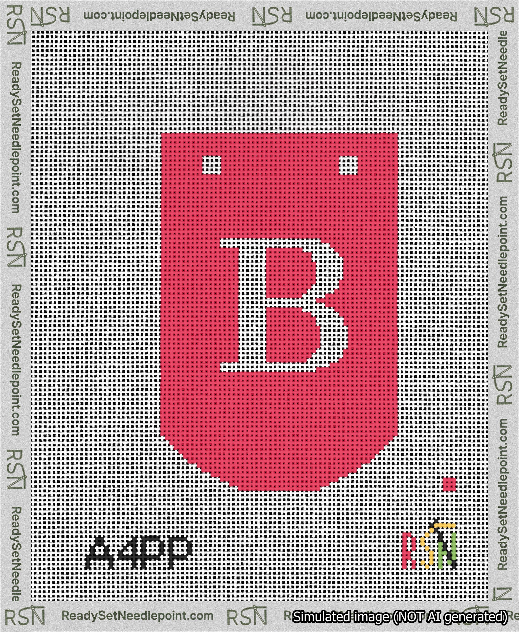 A taped needlepoint canvas with the design: Banner 13 mesh count Curved B White on Red.