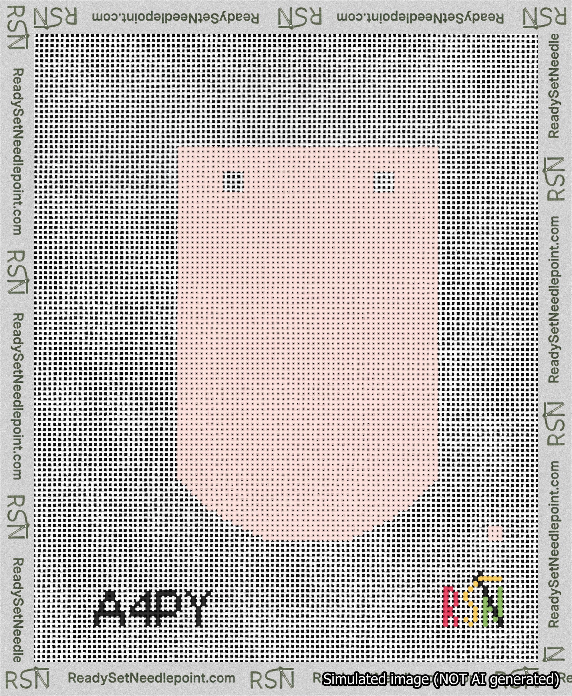 A taped needlepoint canvas with the design: Banner 13 mesh count Curved Blank Pink.