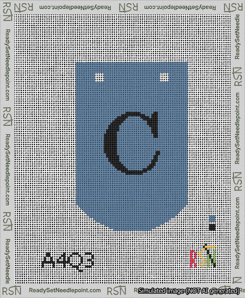 A taped needlepoint canvas with the design: Banner 13 mesh count Curved C Black on Blue.