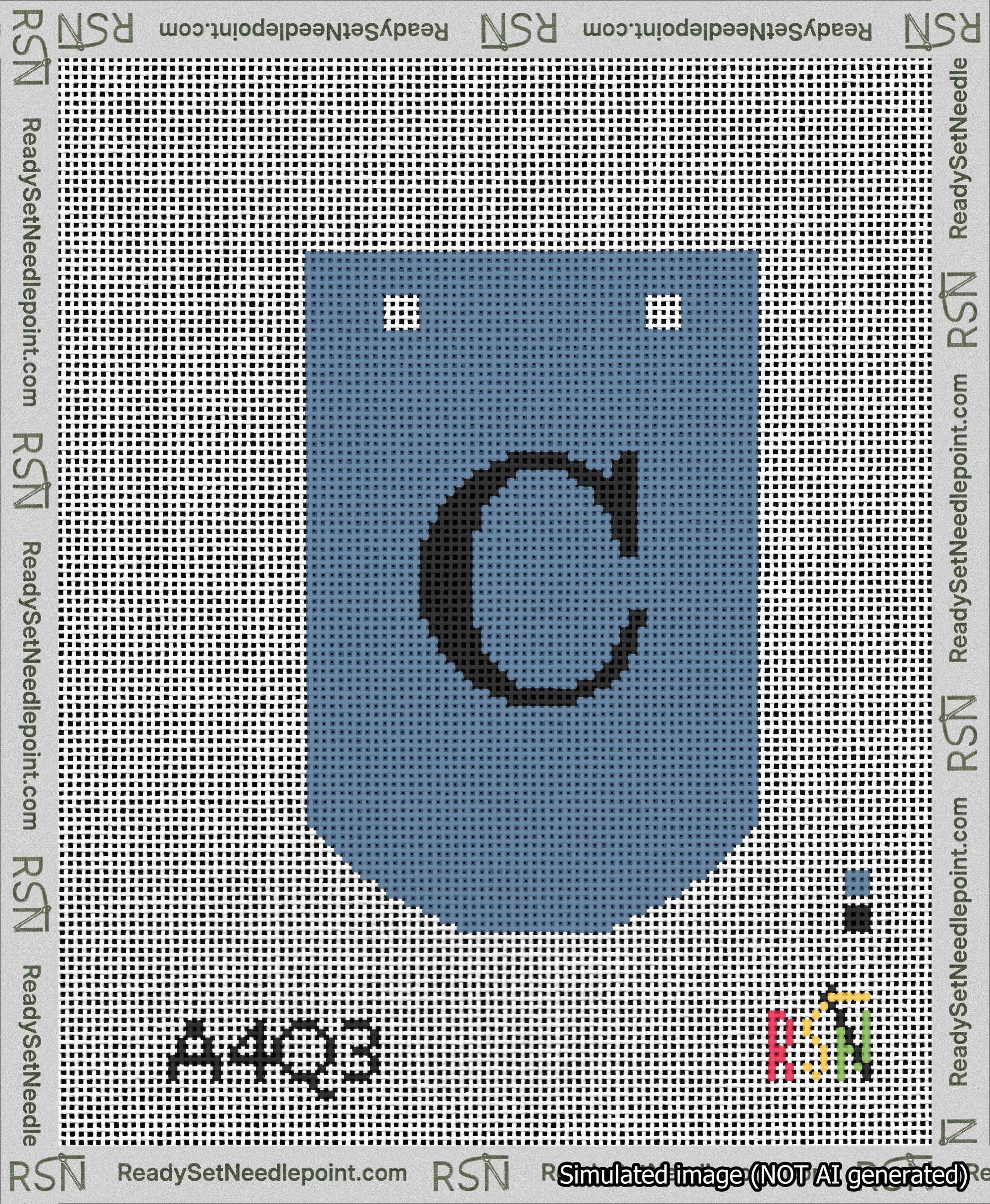 A taped needlepoint canvas with the design: Banner 13 mesh count Curved C Black on Blue.