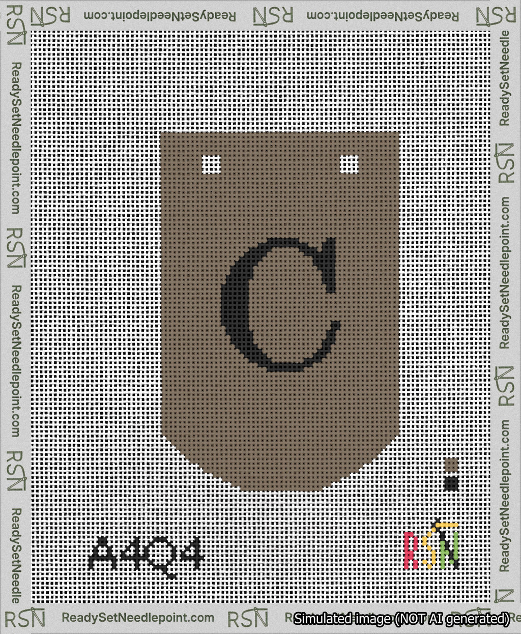A taped needlepoint canvas with the design: Banner 13 mesh count Curved C Black on Brown.