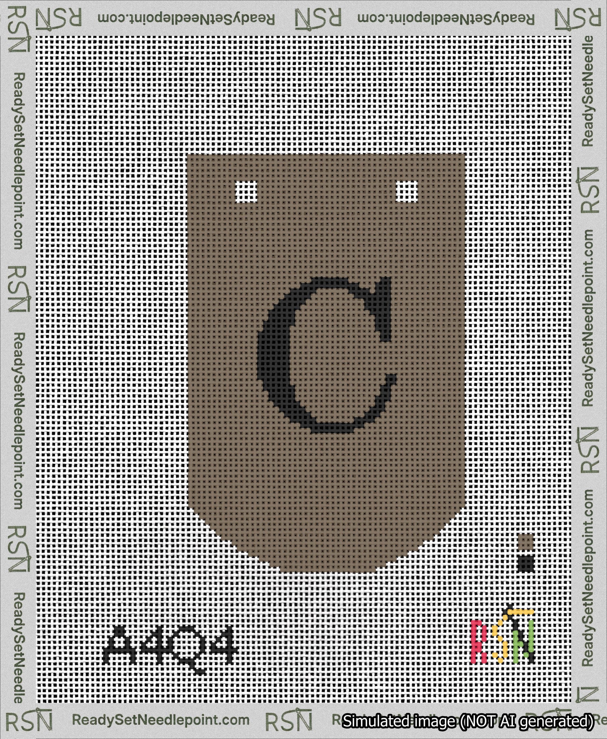A taped needlepoint canvas with the design: Banner 13 mesh count Curved C Black on Brown.