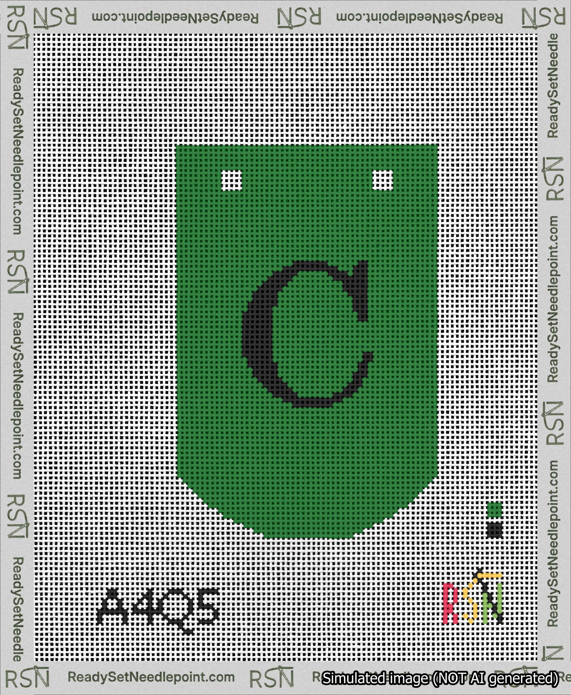 A taped needlepoint canvas with the design: Banner 13 mesh count Curved C Black on Green.