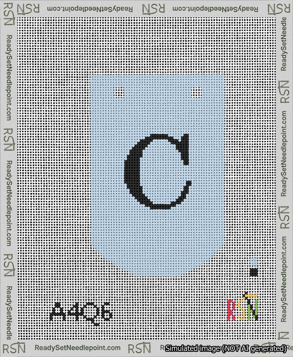 A taped needlepoint canvas with the design: Banner 13 mesh count Curved C Black on Light Blue.
