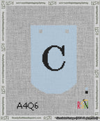 A taped needlepoint canvas with the design: Banner 13 mesh count Curved C Black on Light Blue.