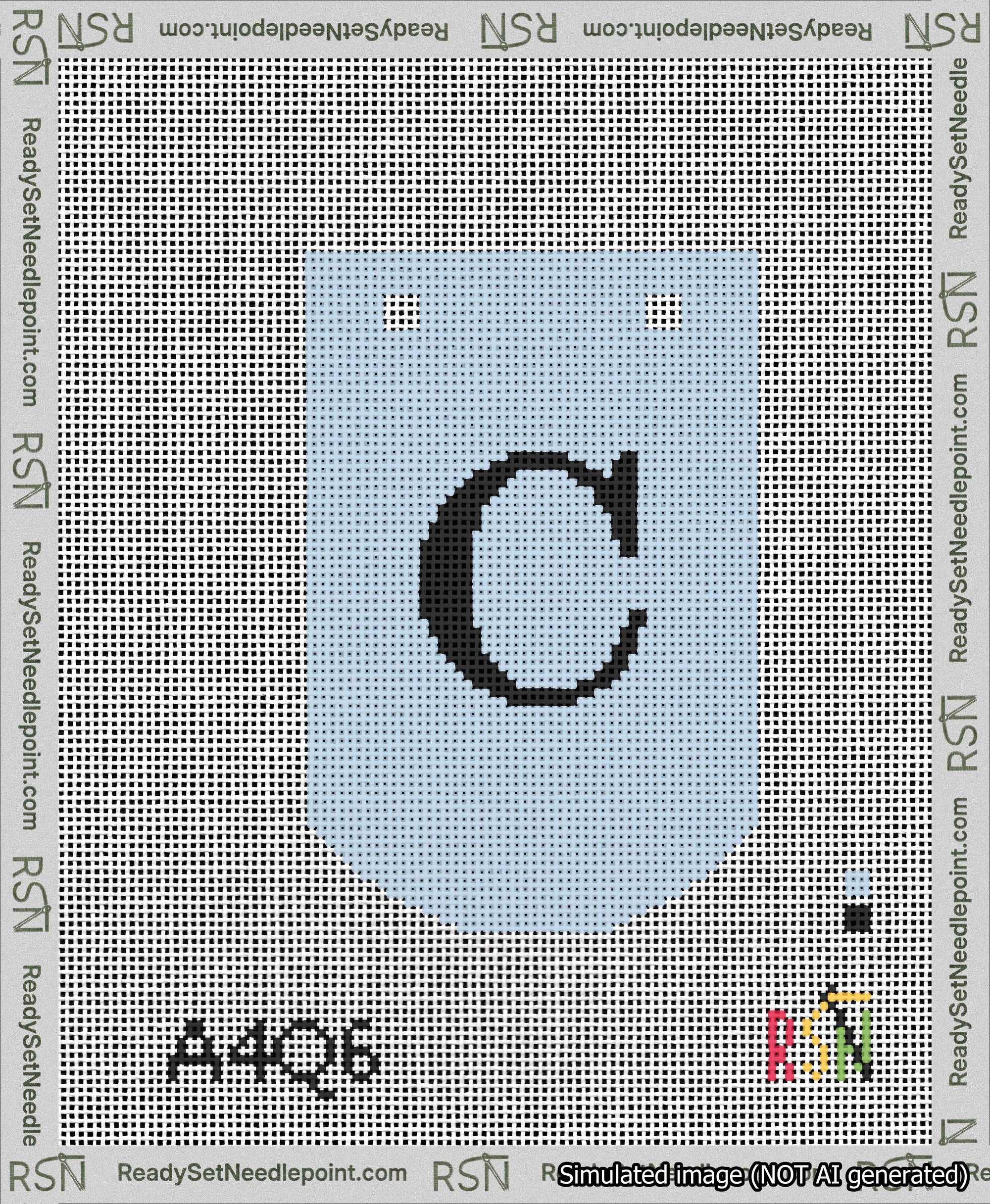 A taped needlepoint canvas with the design: Banner 13 mesh count Curved C Black on Light Blue.