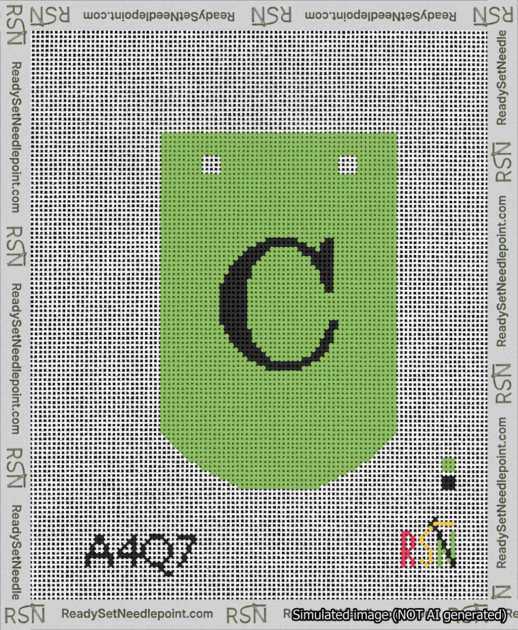 A taped needlepoint canvas with the design: Banner 13 mesh count Curved C Black on Light Green.