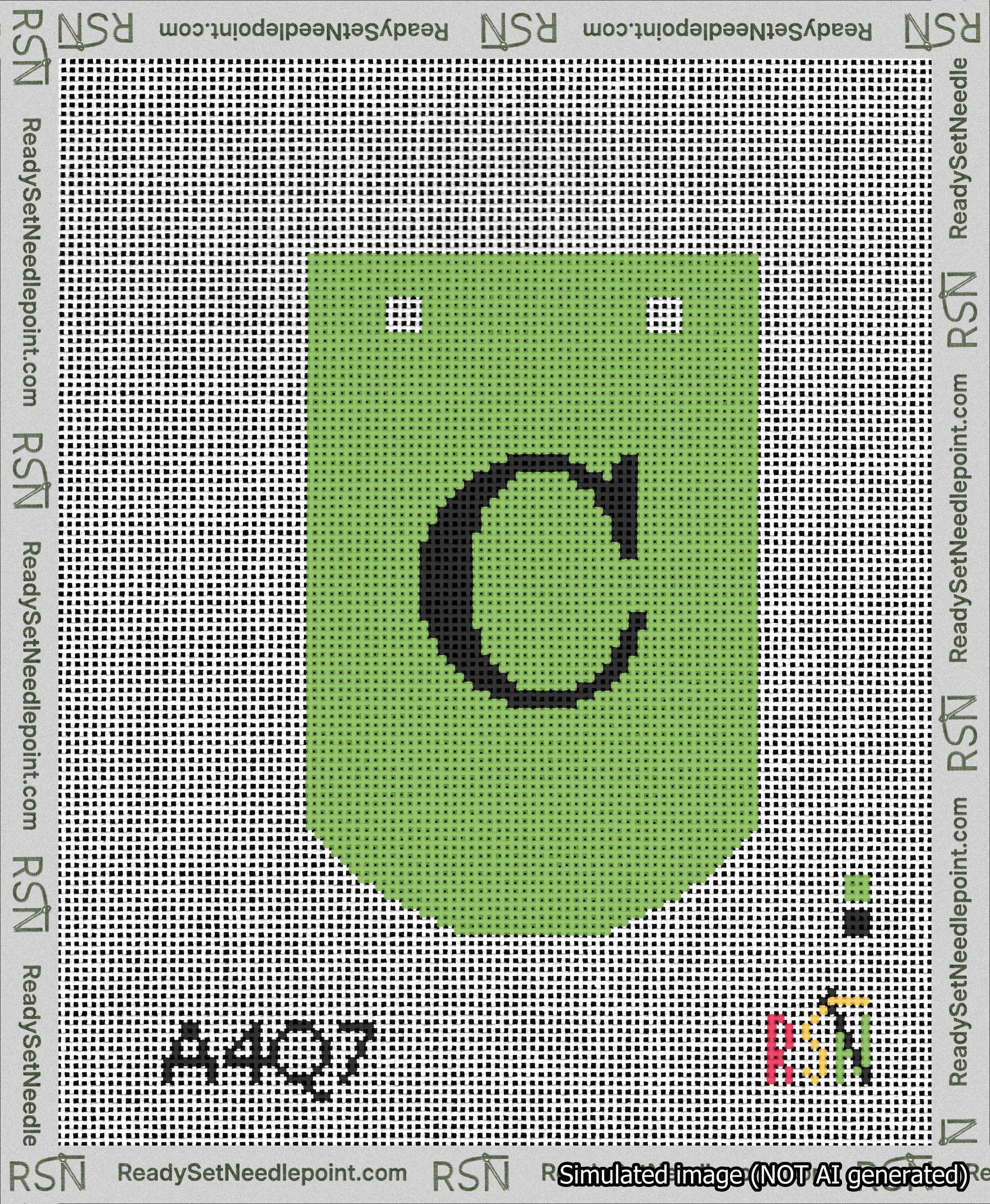 A taped needlepoint canvas with the design: Banner 13 mesh count Curved C Black on Light Green.