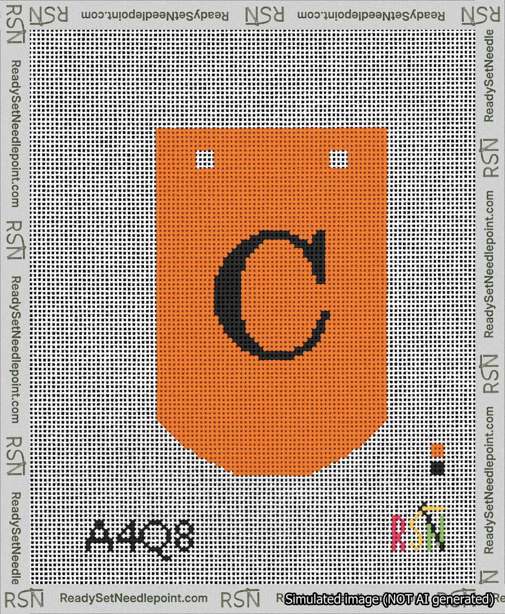 A taped needlepoint canvas with the design: Banner 13 mesh count Curved C Black on Orange.