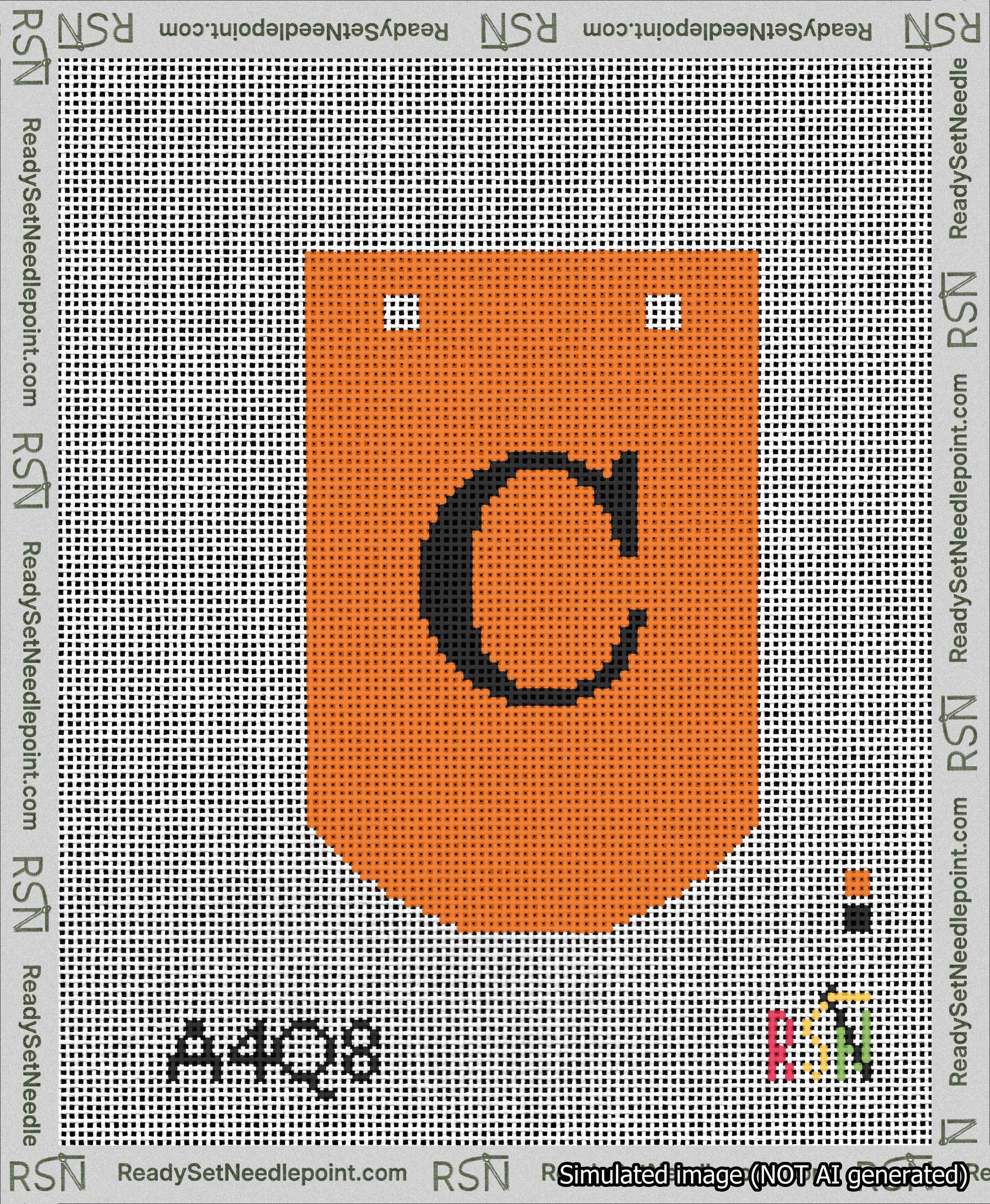 A taped needlepoint canvas with the design: Banner 13 mesh count Curved C Black on Orange.