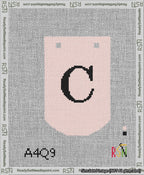 A taped needlepoint canvas with the design: Banner 13 mesh count Curved C Black on Pink.