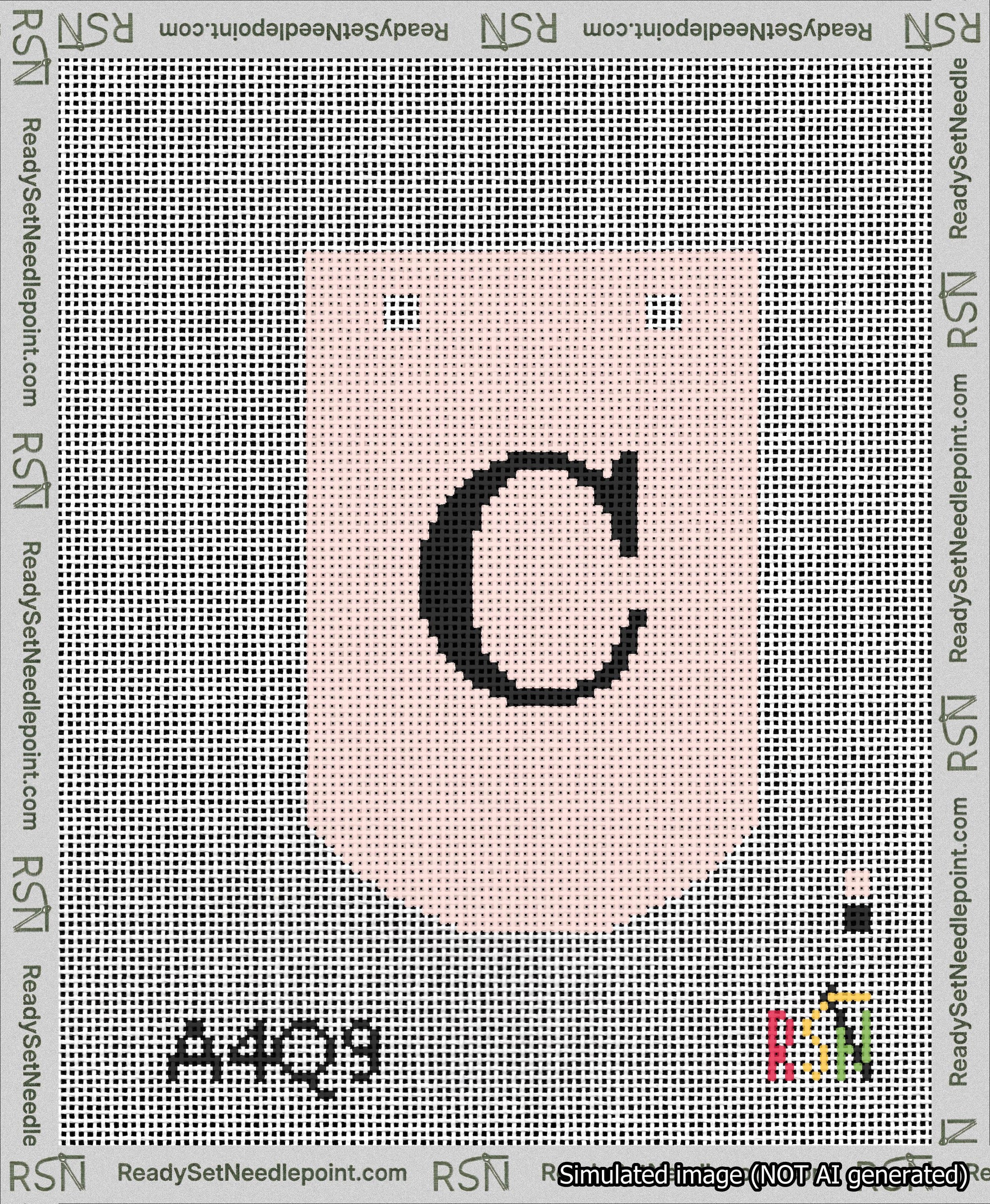 A taped needlepoint canvas with the design: Banner 13 mesh count Curved C Black on Pink.