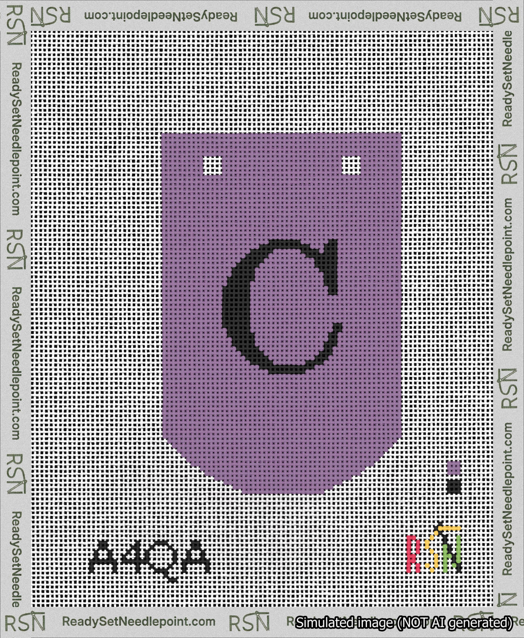 A taped needlepoint canvas with the design: Banner 13 mesh count Curved C Black on Purple.