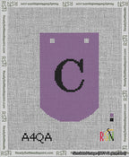 A taped needlepoint canvas with the design: Banner 13 mesh count Curved C Black on Purple.