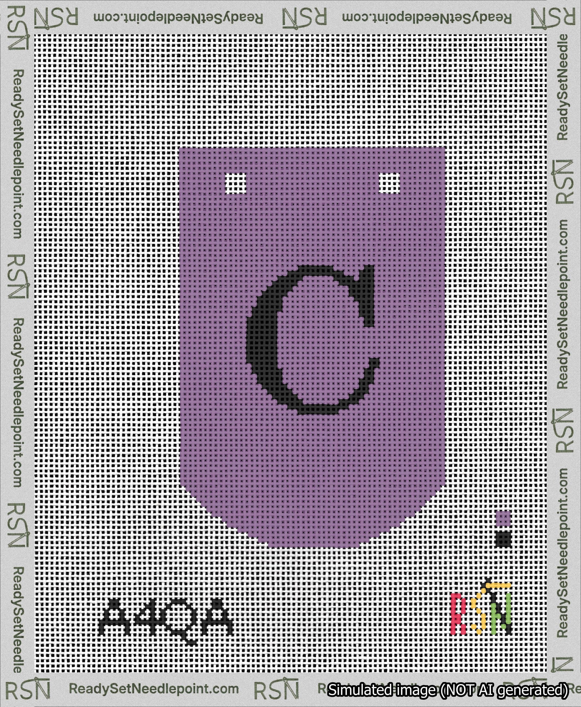 A taped needlepoint canvas with the design: Banner 13 mesh count Curved C Black on Purple.