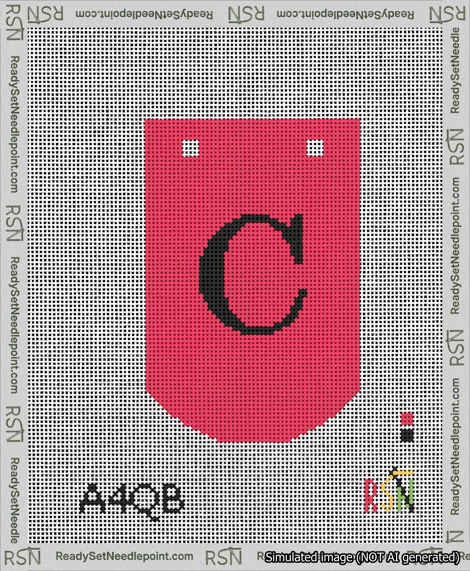 A taped needlepoint canvas with the design: Banner 13 mesh count Curved C Black on Red.