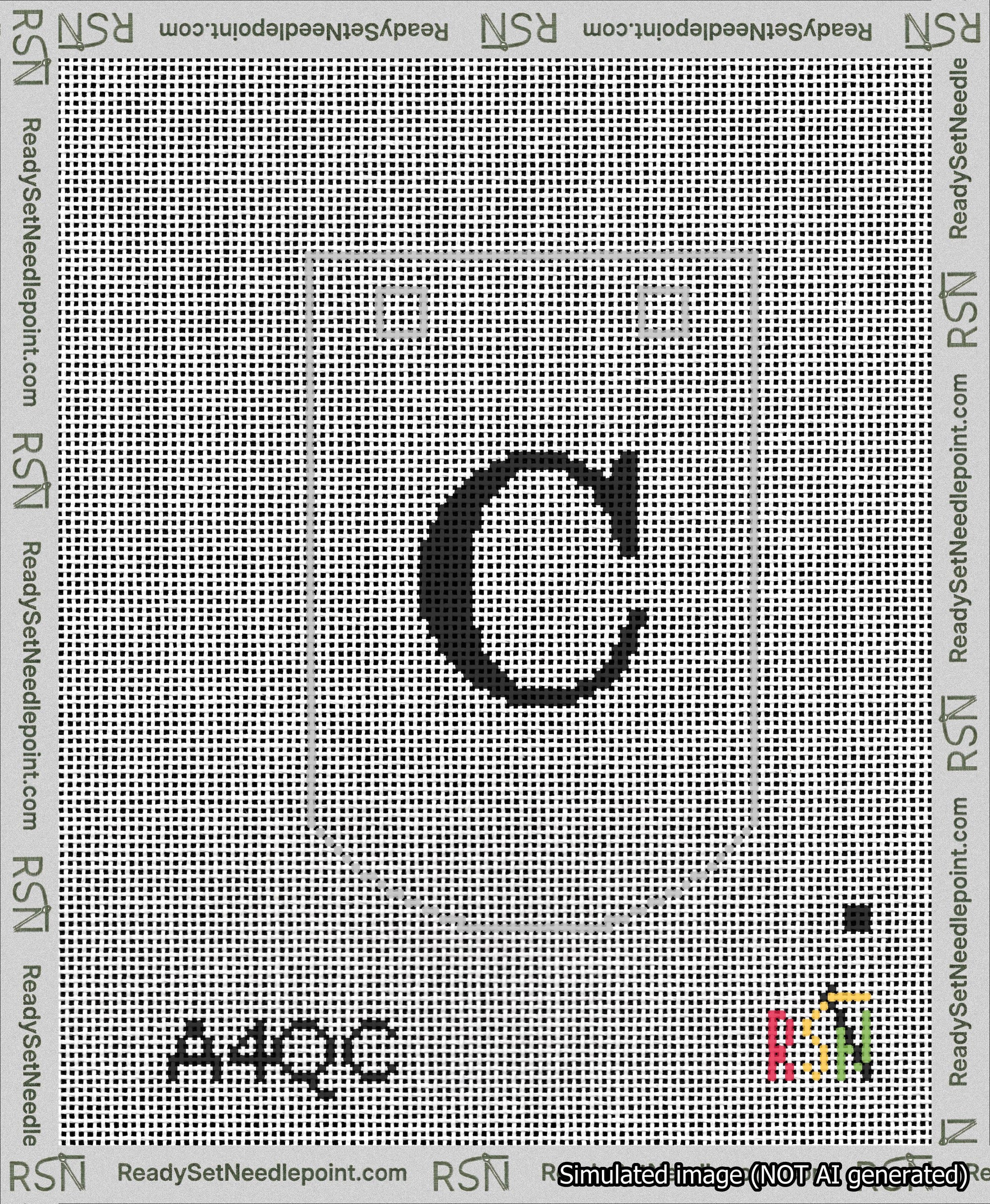 A taped needlepoint canvas with the design: Banner 13 mesh count Curved C Black on White.