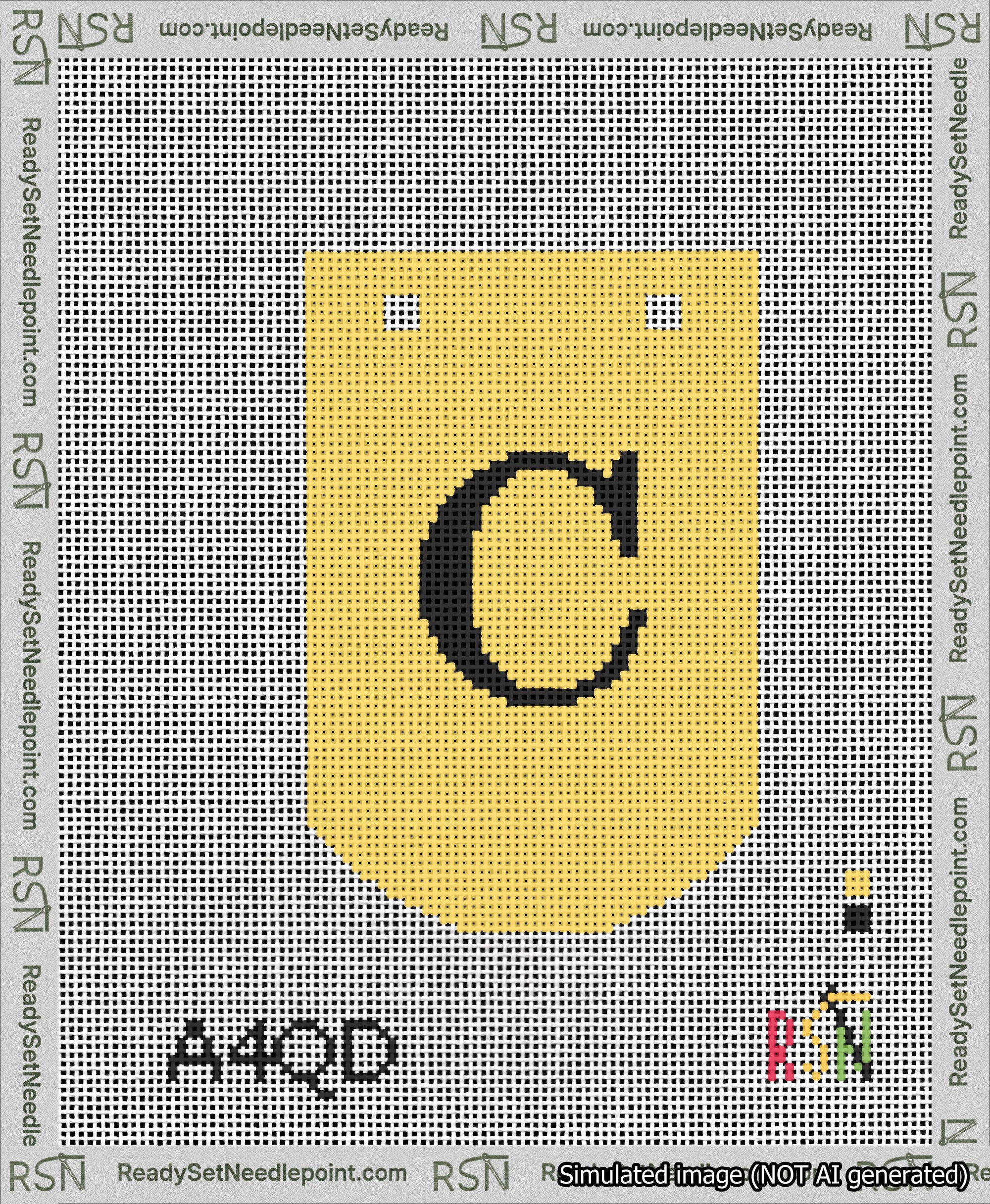 A taped needlepoint canvas with the design: Banner 13 mesh count Curved C Black on Yellow.