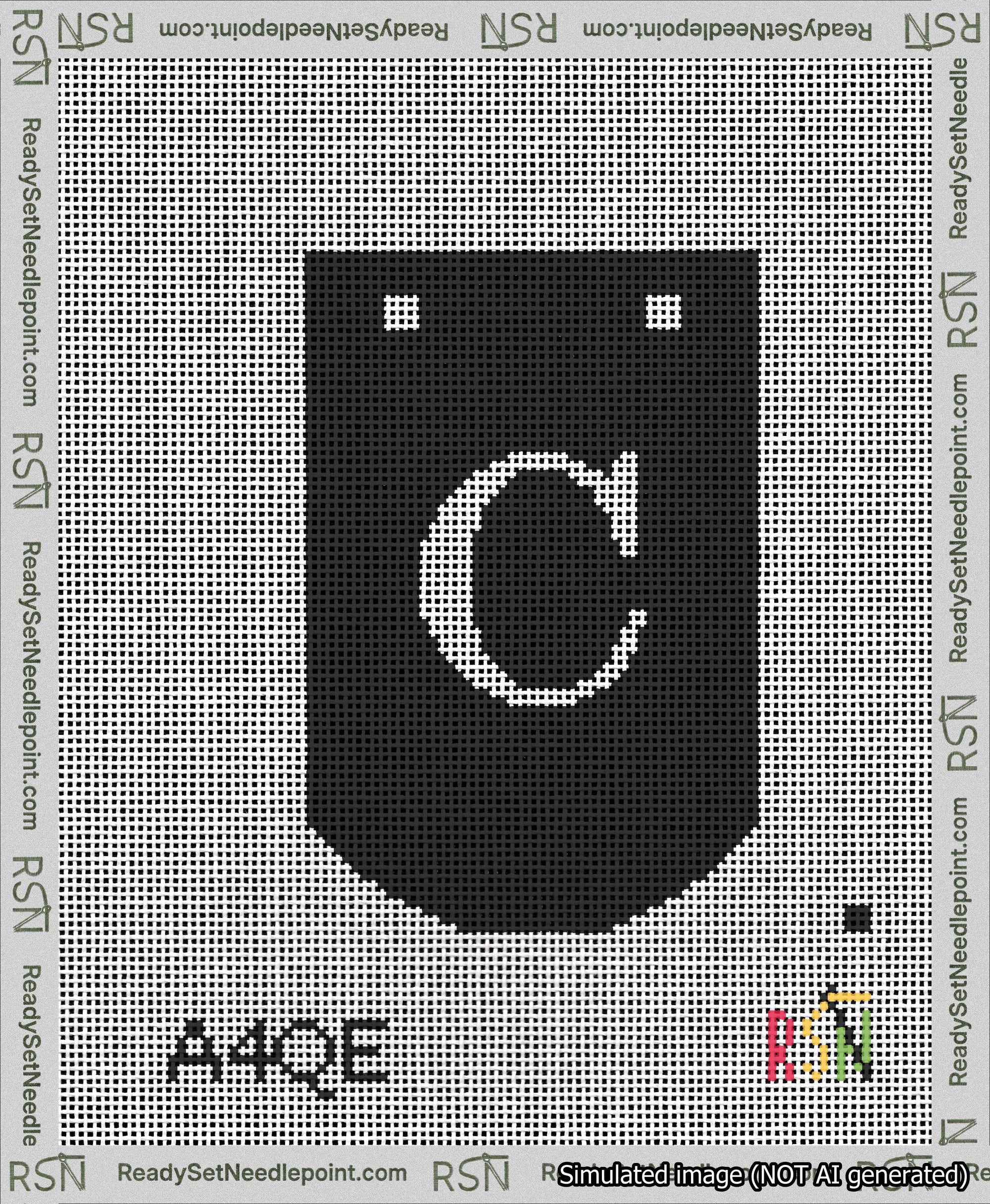 A taped needlepoint canvas with the design: Banner 13 mesh count Curved C White on Black.