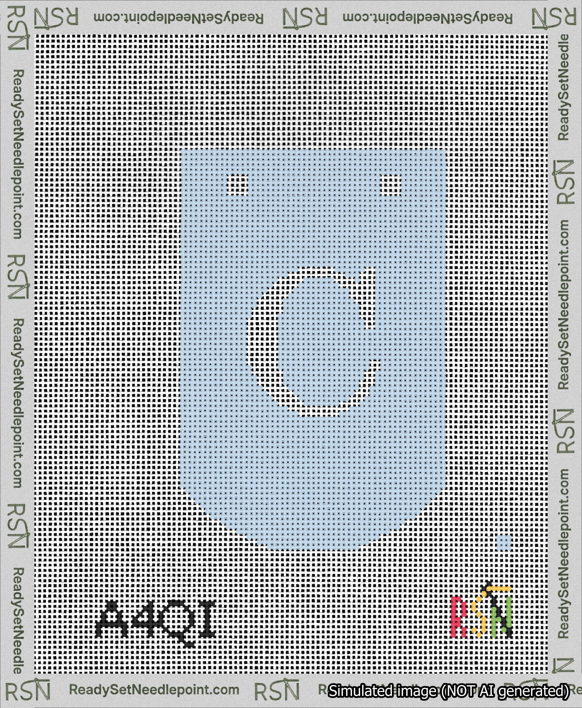A taped needlepoint canvas with the design: Banner 13 mesh count Curved C White on Light Blue.