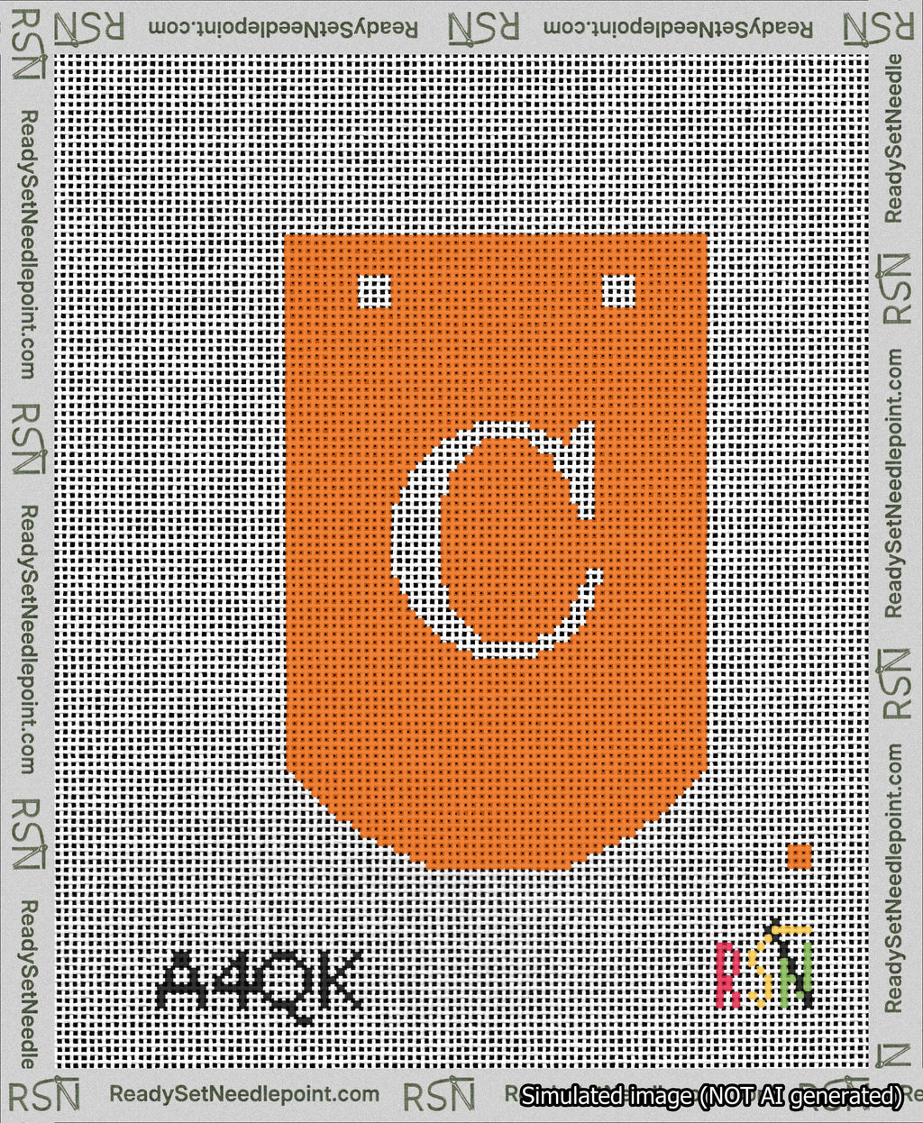 A taped needlepoint canvas with the design: Banner 13 mesh count Curved C White on Orange.