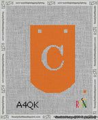 A taped needlepoint canvas with the design: Banner 13 mesh count Curved C White on Orange.