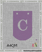 A taped needlepoint canvas with the design: Banner 13 mesh count Curved C White on Purple.