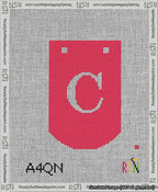 A taped needlepoint canvas with the design: Banner 13 mesh count Curved C White on Red.