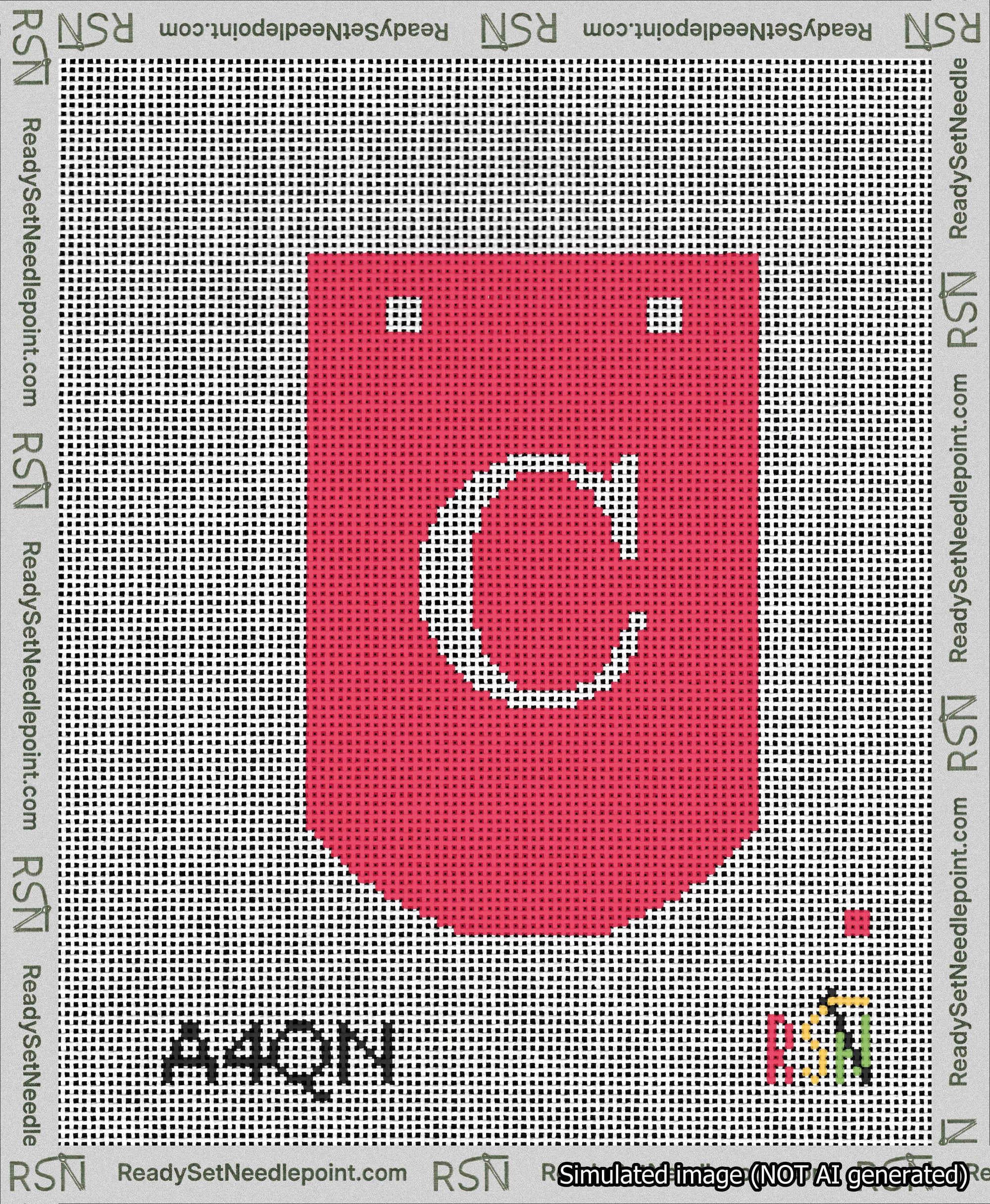 A taped needlepoint canvas with the design: Banner 13 mesh count Curved C White on Red.