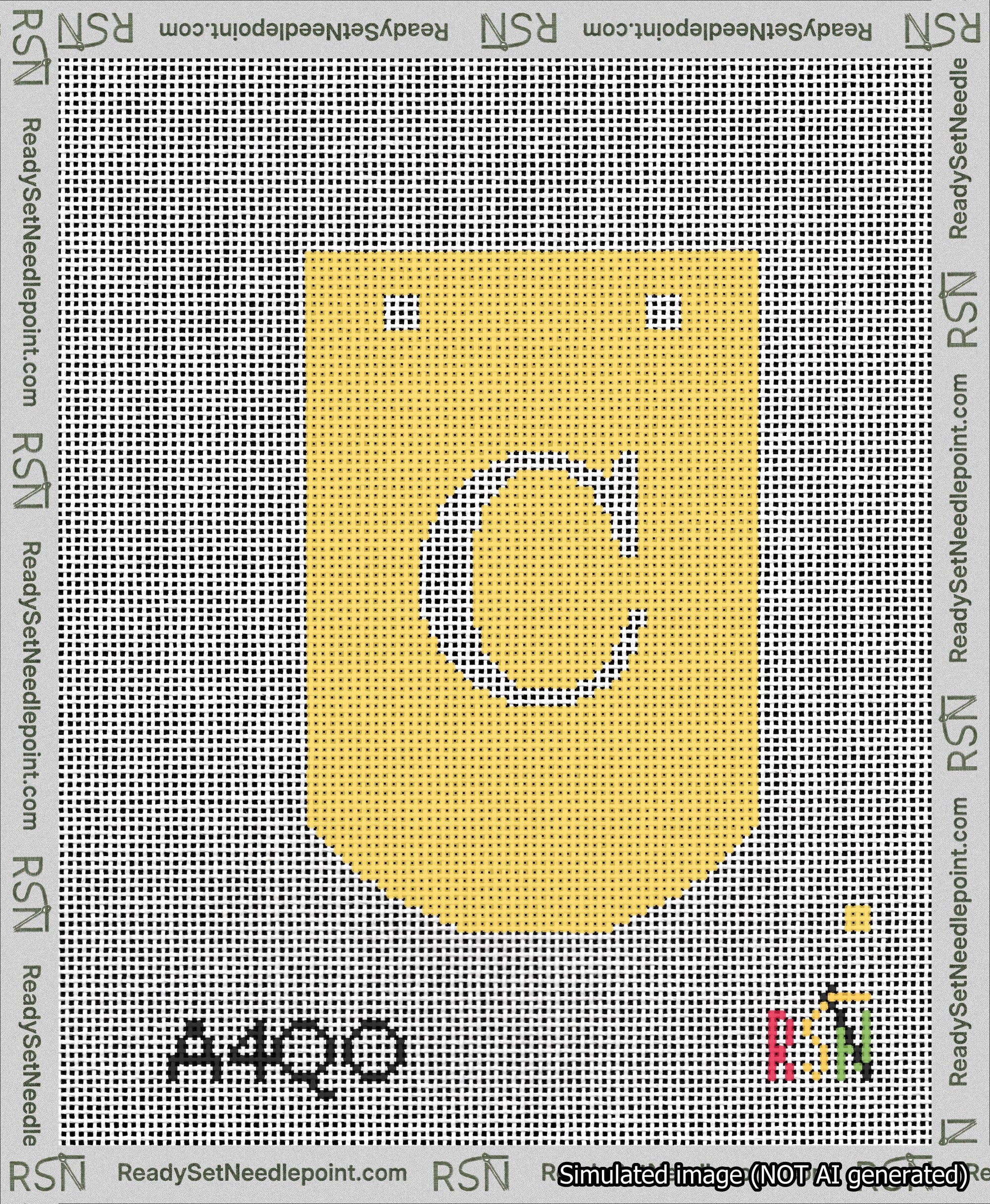 A taped needlepoint canvas with the design: Banner 13 mesh count Curved C White on Yellow.