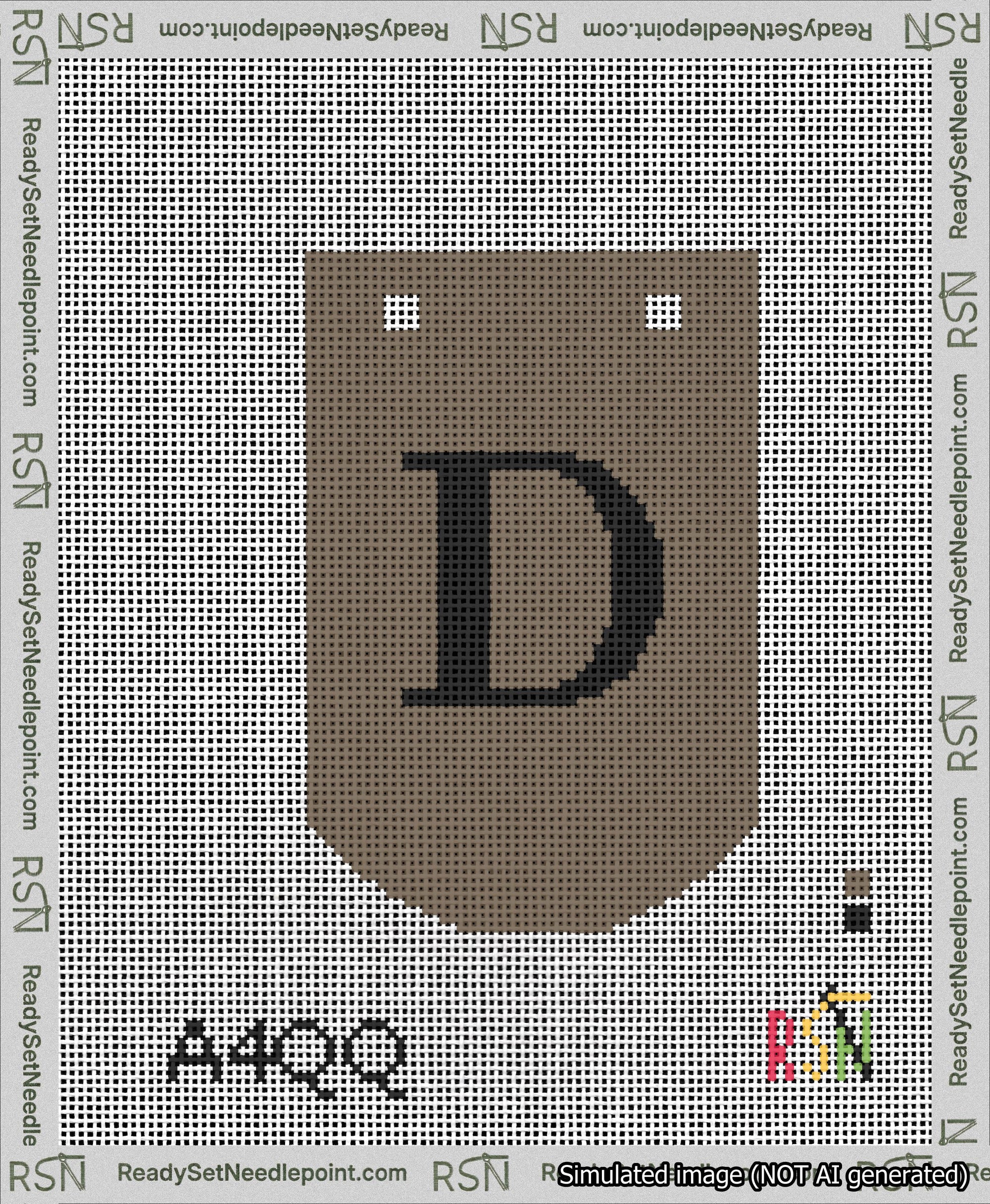 A taped needlepoint canvas with the design: Banner 13 mesh count Curved D Black on Brown.