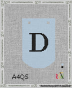 A taped needlepoint canvas with the design: Banner 13 mesh count Curved D Black on Light Blue.