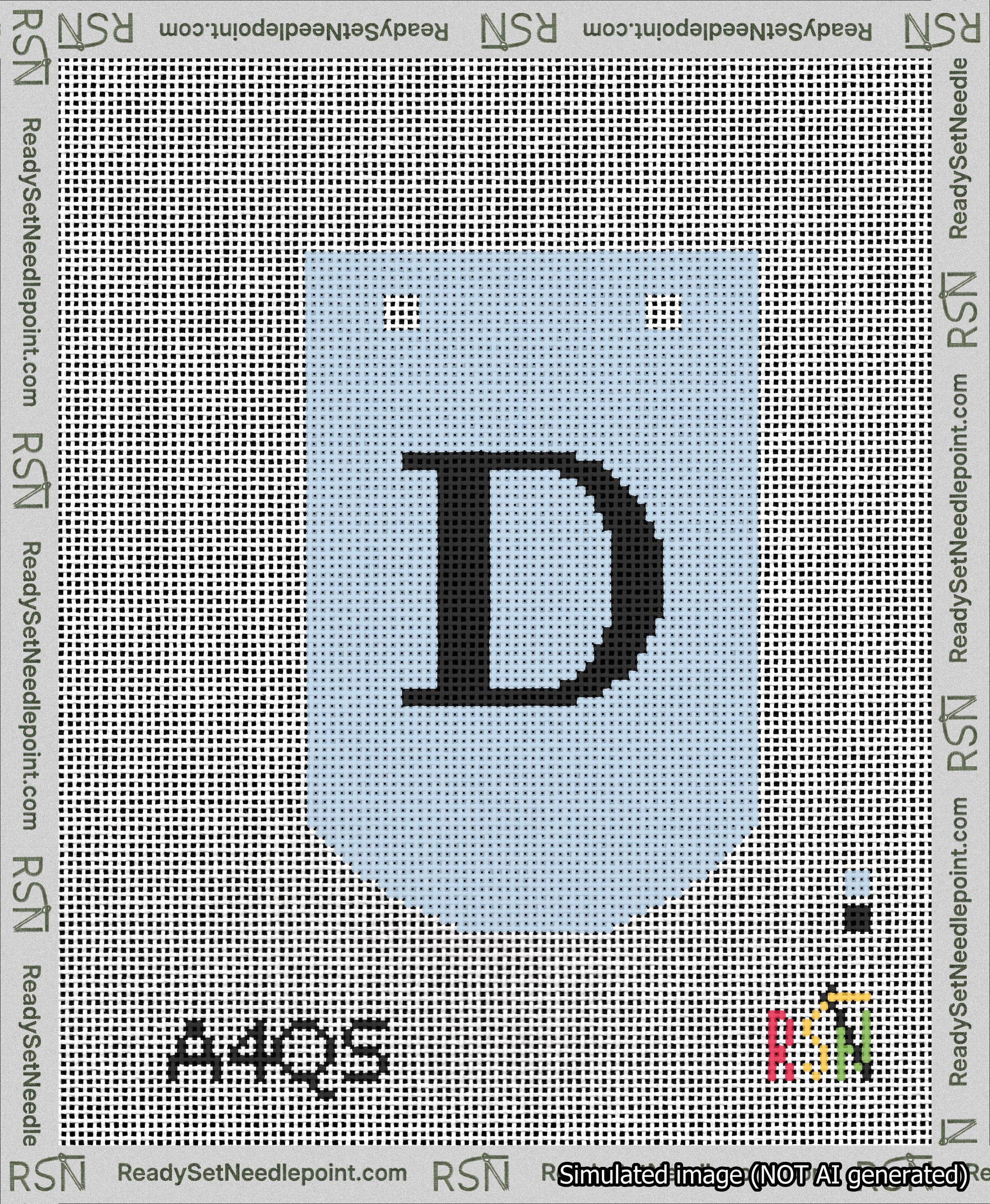 A taped needlepoint canvas with the design: Banner 13 mesh count Curved D Black on Light Blue.