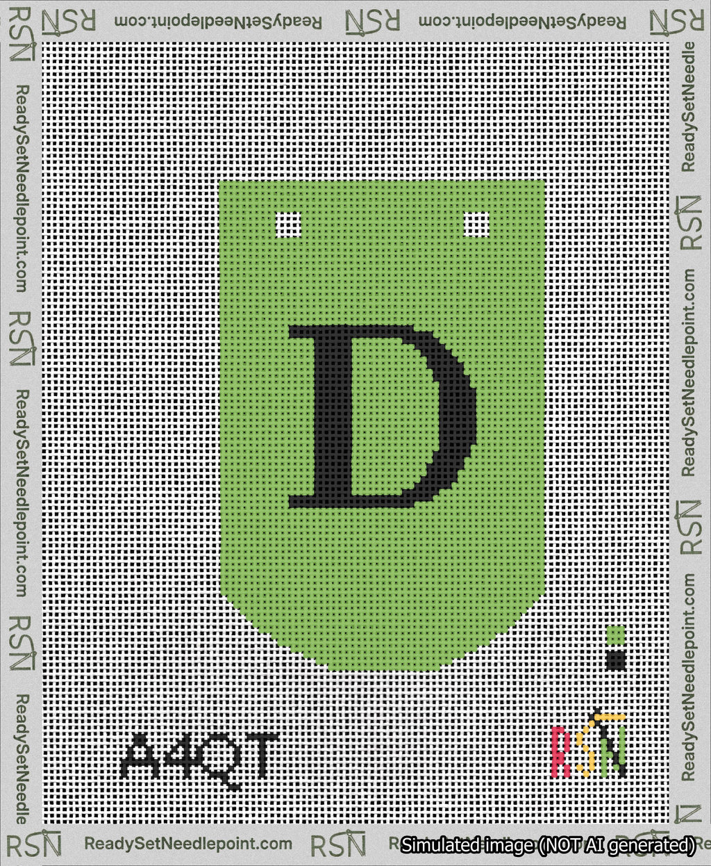 A taped needlepoint canvas with the design: Banner 13 mesh count Curved D Black on Light Green.