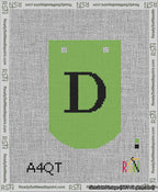 A taped needlepoint canvas with the design: Banner 13 mesh count Curved D Black on Light Green.