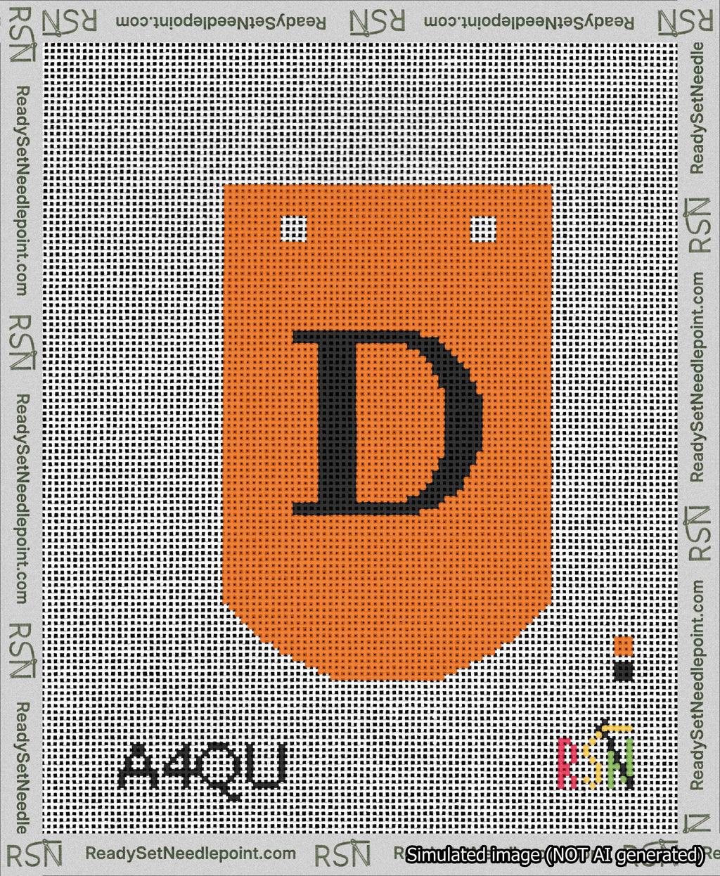 A taped needlepoint canvas with the design: Banner 13 mesh count Curved D Black on Orange.