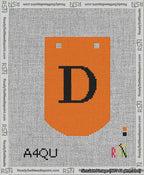 A taped needlepoint canvas with the design: Banner 13 mesh count Curved D Black on Orange.
