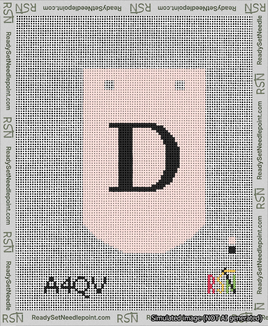 A taped needlepoint canvas with the design: Banner 13 mesh count Curved D Black on Pink.