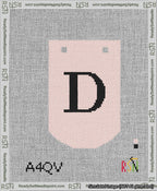 A taped needlepoint canvas with the design: Banner 13 mesh count Curved D Black on Pink.
