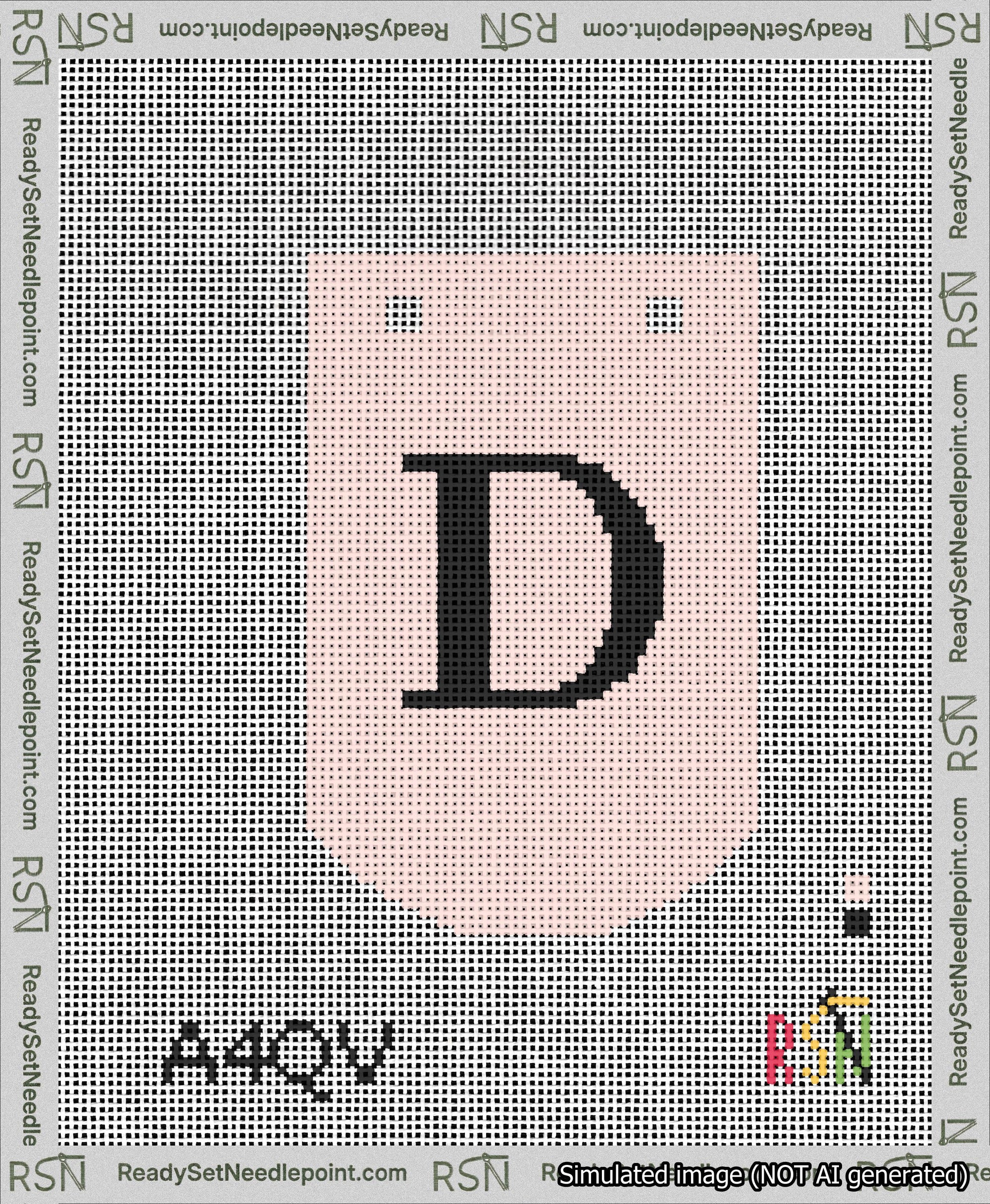 A taped needlepoint canvas with the design: Banner 13 mesh count Curved D Black on Pink.