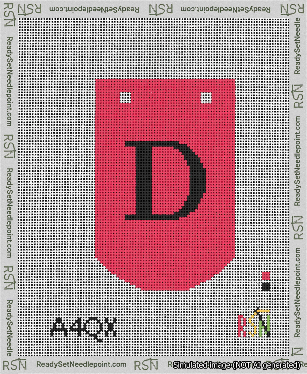 A taped needlepoint canvas with the design: Banner 13 mesh count Curved D Black on Red.