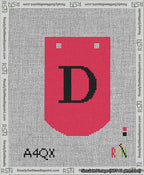 A taped needlepoint canvas with the design: Banner 13 mesh count Curved D Black on Red.